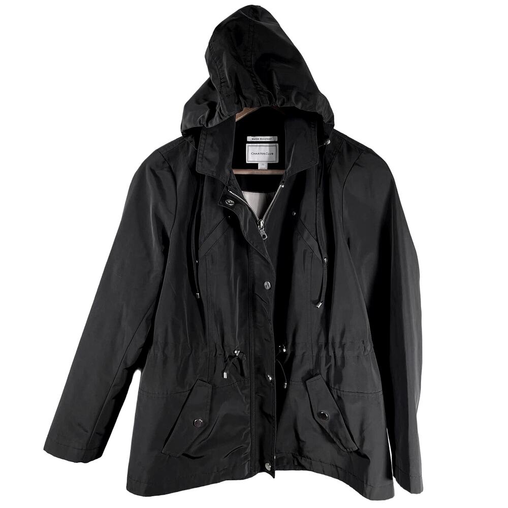 Charter Club Rain Jacket Women Petite Small‎ Black Water-Resistant Hooded Anorak